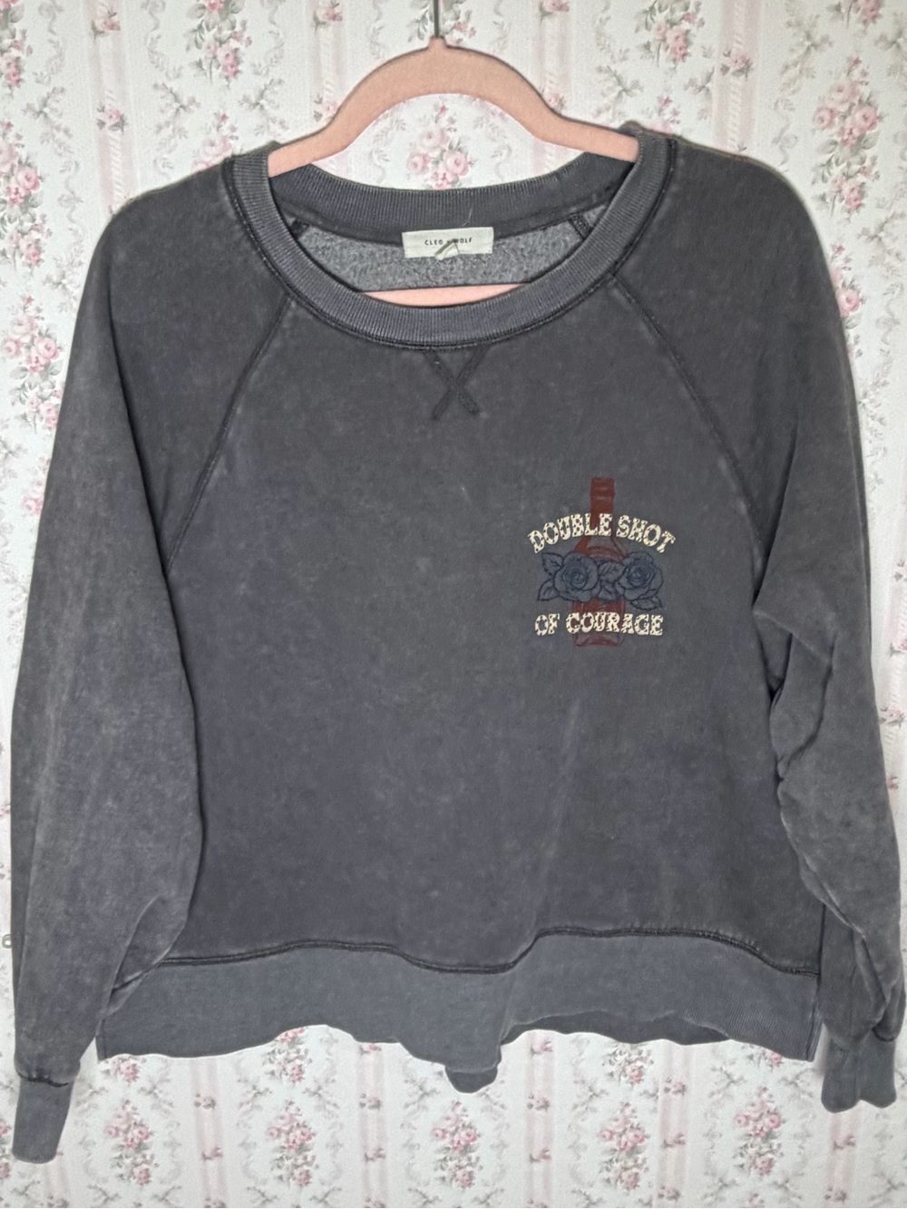 Cleo + Wolf Double Shot of Courage graphic crewneck sweatshirt grey embroidered